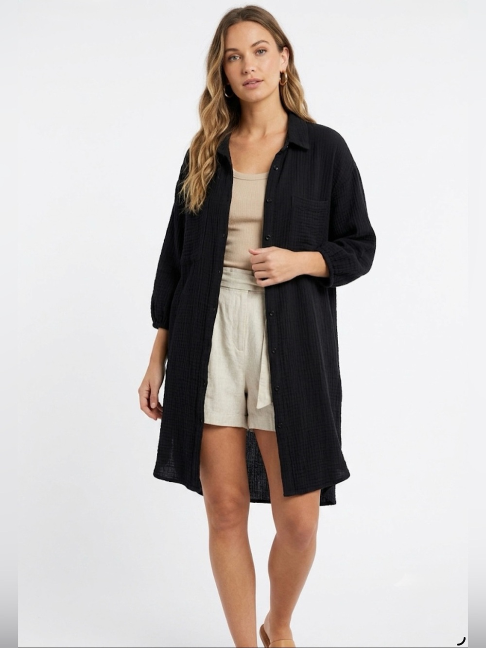 Young Fabulous & Broke Black Cotton Gauze Shirt Dress Large Cuffed Sleeve